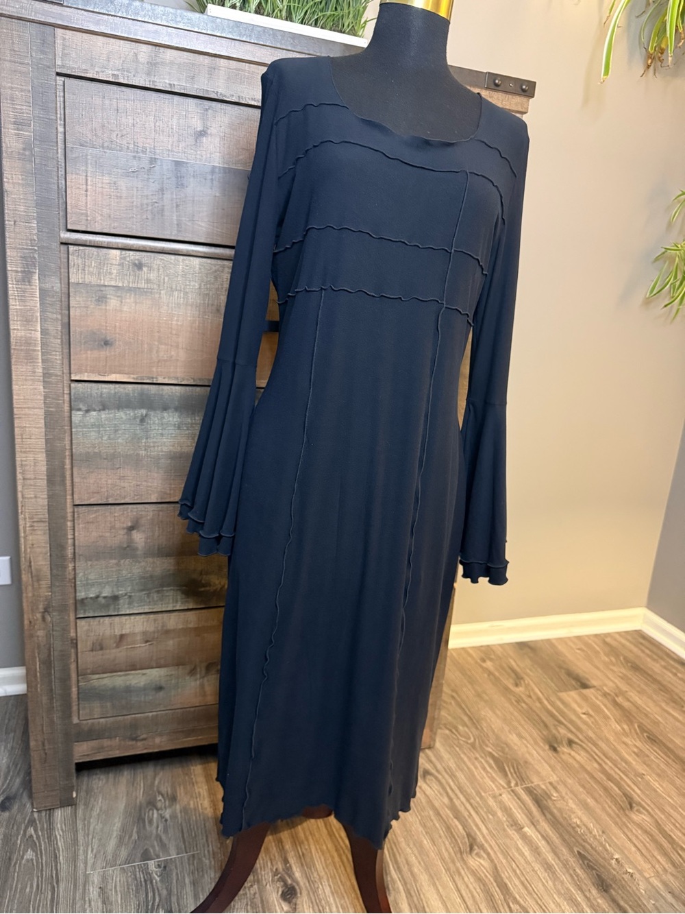 VTG 90s Lew Magram Whimsigoth Ruffle Bell Sleeve Midi Dress Matte Jersey M